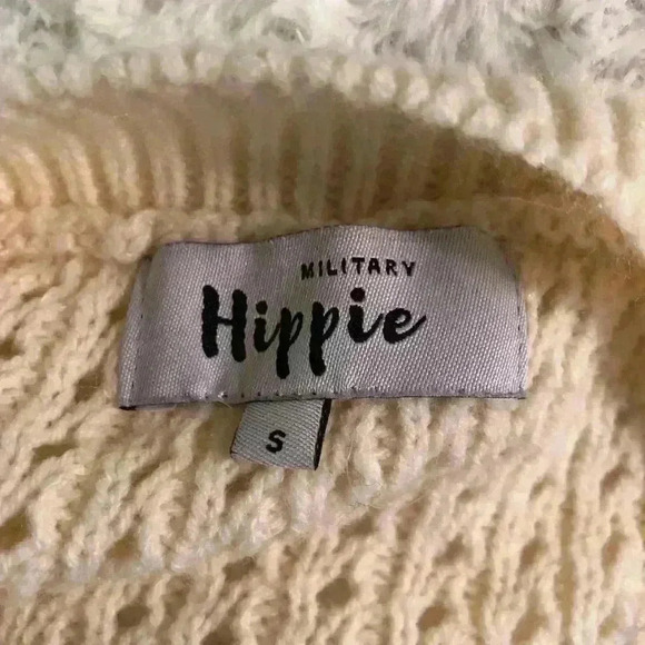 Military Hippie Small oversized Ivory chunky knit open knit sweater zipper - Picture 5 of 6